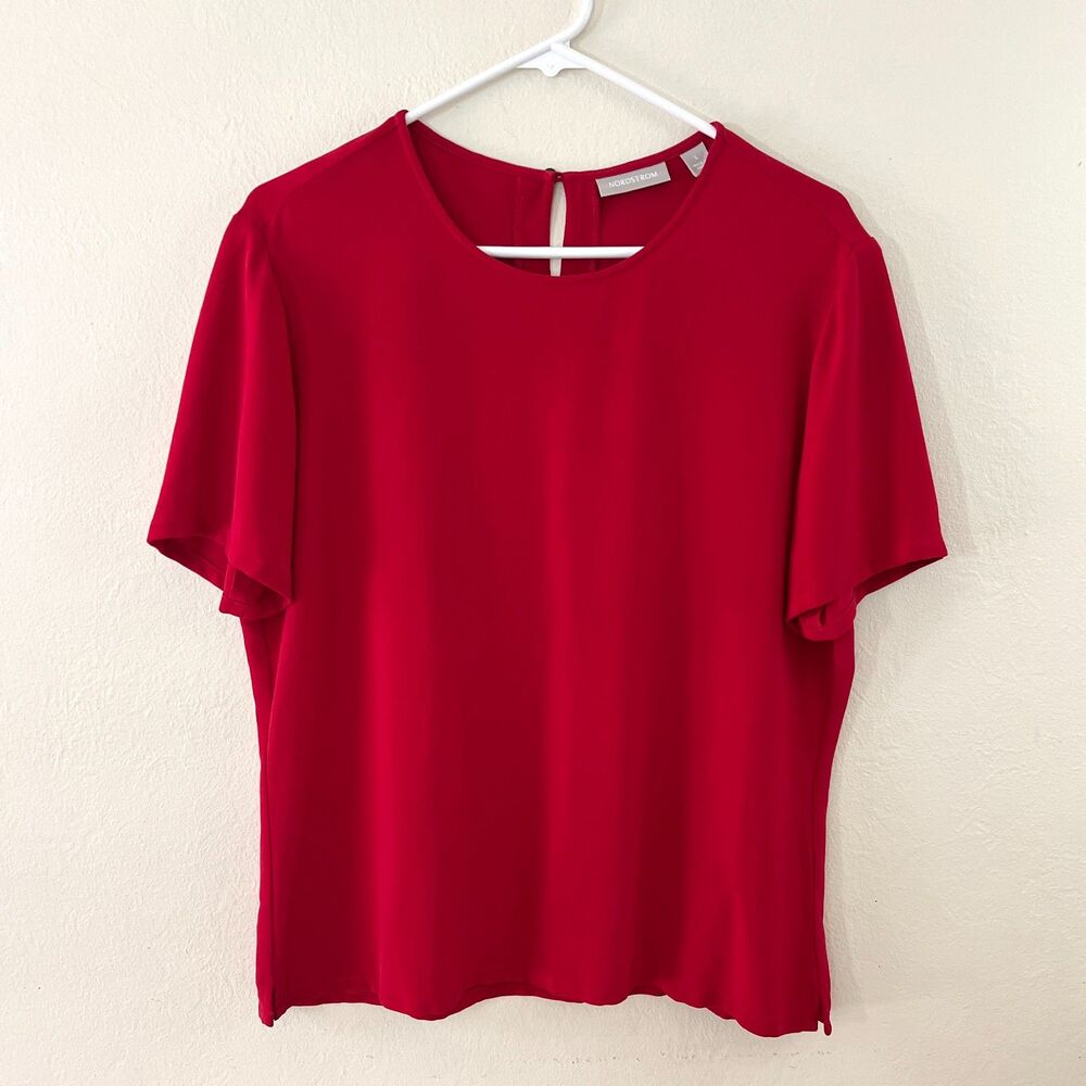 VTG 90s/Y2K Nordstrom 100% Silk Red Short Sleeve Boxy Blouse Keyhole Back Size L